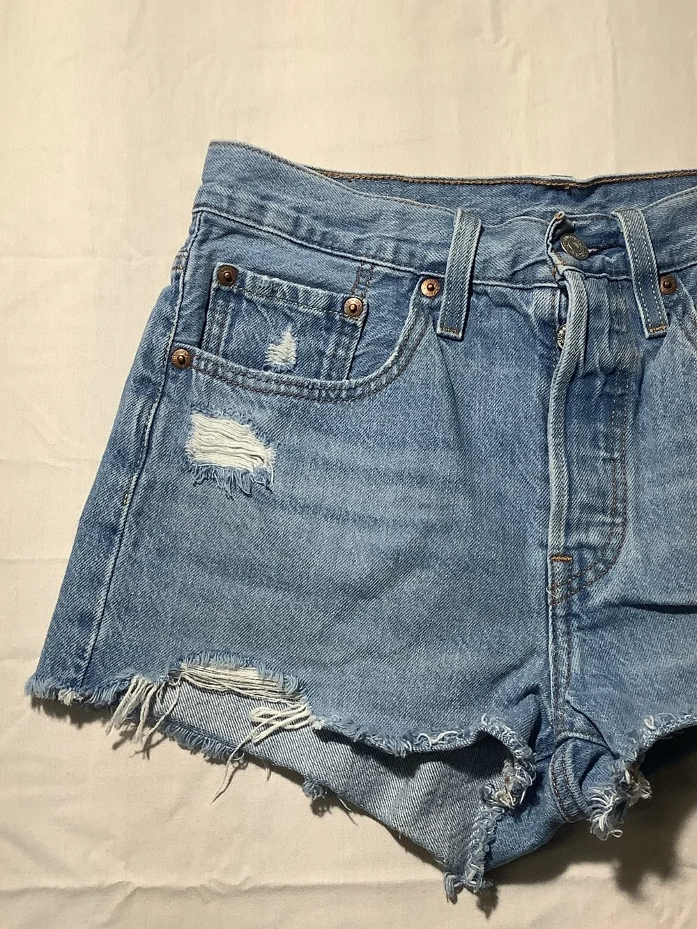 Levi's 501 Light Blue Distressed Denim Cutoff Shorts 26W